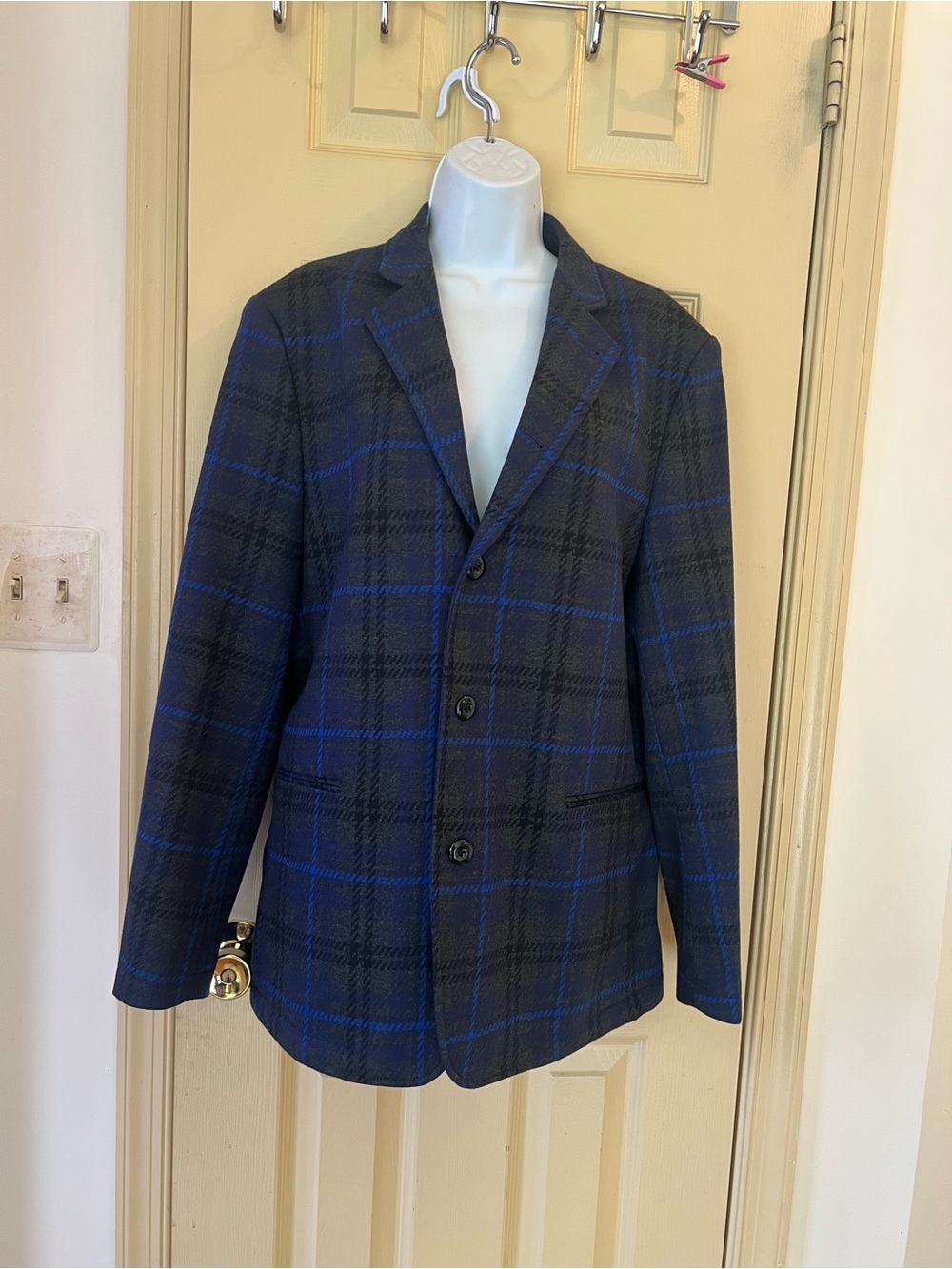 Express Women's Navy and Black Plaid Blazer